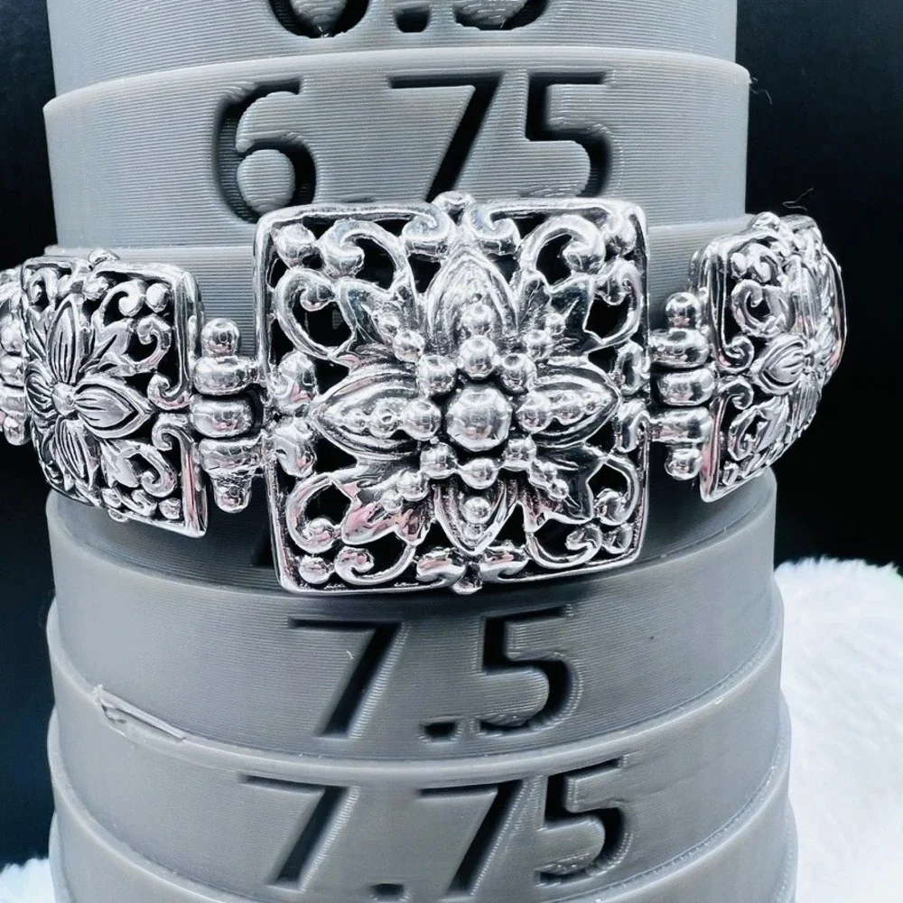 Sterling Silver Sarda Panel Bracelet Raised Square Floral Toggle Clasp Open Work